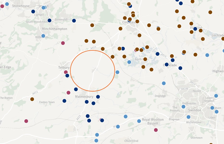 Map 1: Circle around Crudwell in a screenshot from DEFRA Hydrology Data Explorer